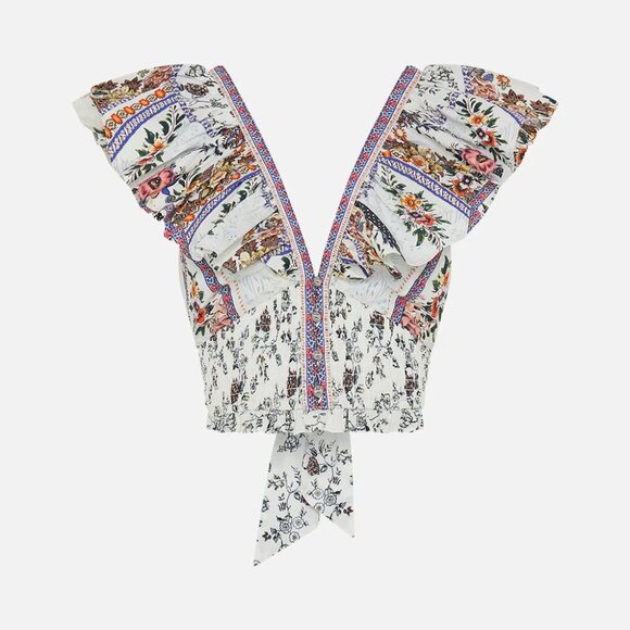Deep V Frill Short Sleeve Top Cropped Shirt in "My Folk Art Heart" print - Picture 4 of 16